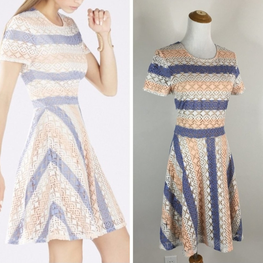 BCBGMaxAzria Elegant Striped Lace Renley Dress in Blue Cream and White